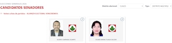 Captura de pantalla de una página web con fotos y nombres de los candidatos Alvaro Campana Ocampo y Zulma Karina Tejada Salizar para el Senado por Cusco
