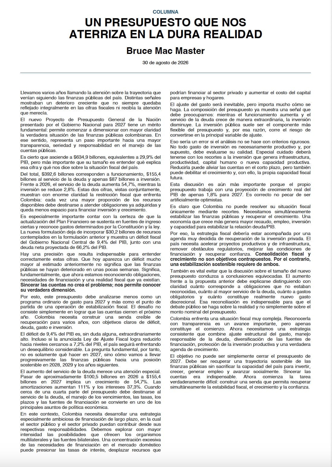 Bruce Mac Master, presidente de la Andi, dijo que Colombia enfrenta una situación fiscal extraordinariamente compleja - crédito @BruceMacMaster/X