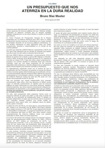 Bruce Mac Master, presidente de la Andi, dijo que Colombia enfrenta una situación fiscal extraordinariamente compleja - crédito @BruceMacMaster/X