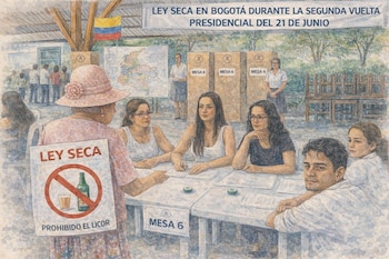 Ilustración de una mesa de votación en Bogotá con una mujer de espaldas usando un cartel de 'Ley Seca'. Se ven votantes, urnas, y una bandera de Colombia.