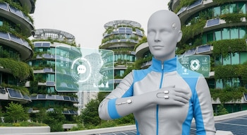 Figura humanoide gris y azul con sensores en brazo y sien, junto a pantallas holográficas y edificios verdes con paneles solares.