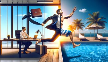 Imagen visual de una persona dividida entre la oficina y un lugar de vacaciones, destacando la transición hacia el descanso. Representación gráfica de la dualidad entre el trabajo y la relajación. (Imagen ilustrativa Infobae)