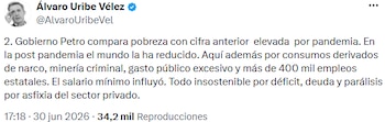 Álvaro Uribe Vélez cuestionó reducción de la pobreza bajo el Gobierno Petro - crédito @AlvaroUribeVel/X