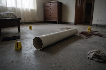 Un tubo de plástico blanco y tres marcadores amarillos con números se encuentran en el suelo de una habitación junto a manchas en el piso.
