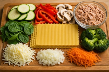 Calabacín, pimiento, hongos, atún, espinaca, láminas de pasta, brócoli, queso, cebolla y zanahoria sobre una tabla de madera.