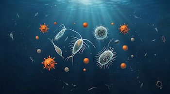 Ilustración digital de una variedad de microorganismos marinos, incluyendo formas ovaladas, esféricas y con apéndices, flotando en agua azul oscura con rayos de luz que descienden.