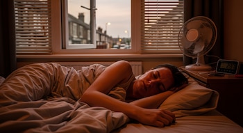 Persona acostada en una cama, con un ventilador y un reloj digital en la mesita de noche. Una ventana abierta muestra una calle.