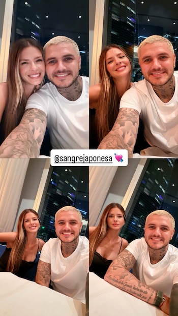 Mosaico de cuatro fotografías de Mauro Icardi y China Suárez en una mesa de restaurante junto a un ventanal, con el texto @sangrejaponesa