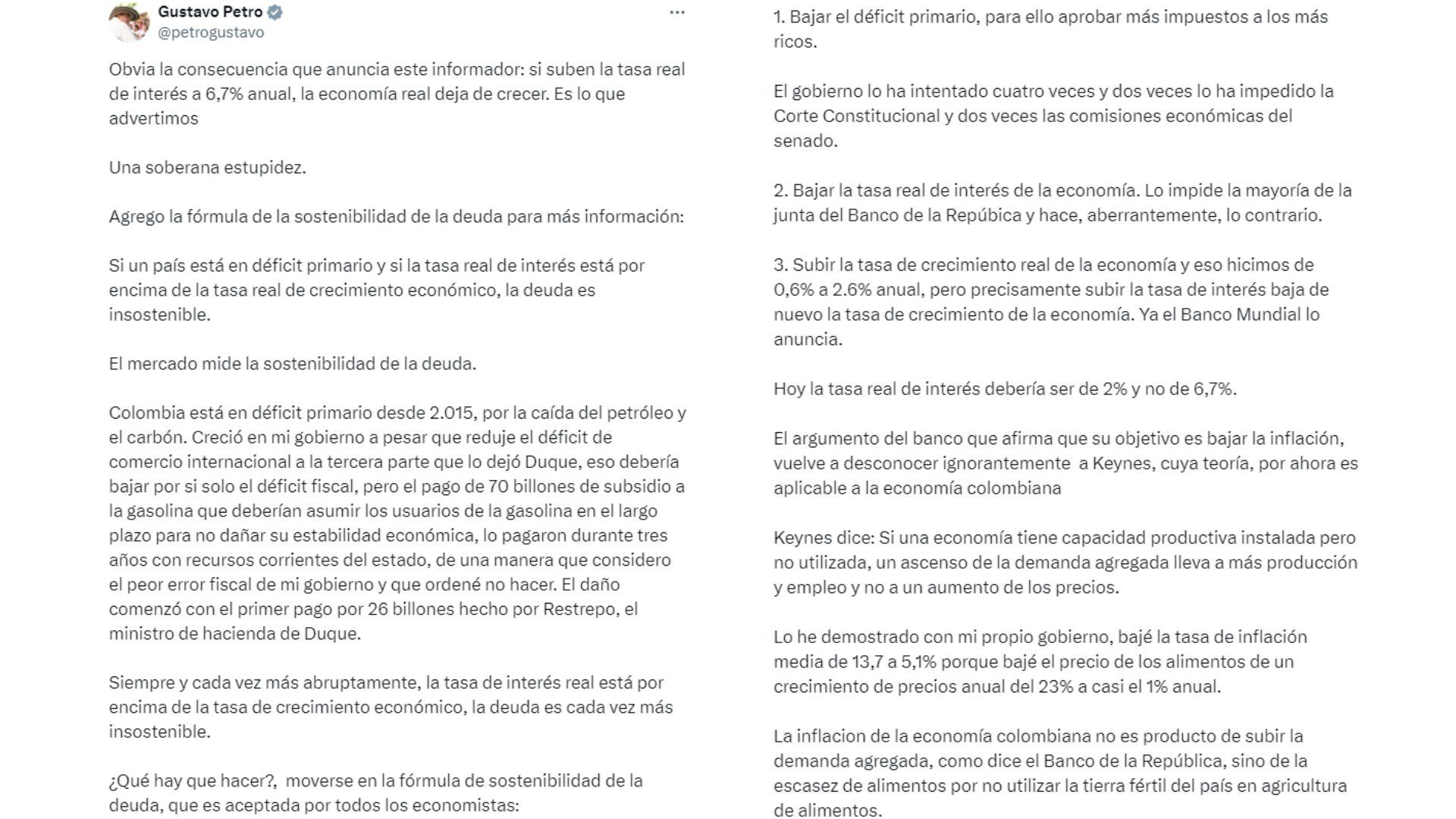 El mandatario explicó su visión sobre la sostenibilidad de la deuda y el crecimiento. - crédito @petrogustavo/X
