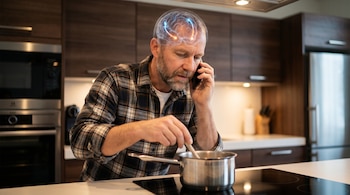 Hombre adulto con camisa de cuadros cocina y habla por teléfono móvil en una cocina moderna, con una visualización translúcida del cerebro con circuitos luminosos.