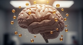 Cerebro humano tridimensional en vista lateral, iluminado por luz cálida desde arriba, con moléculas doradas de vitamina D flotando a su alrededor en un fondo neutro.
