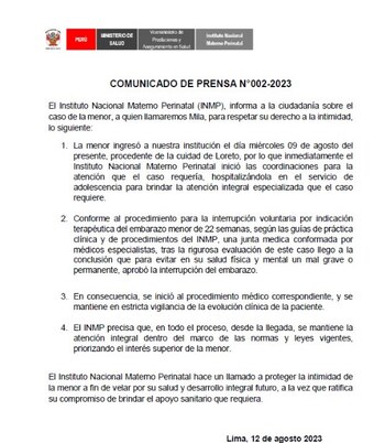 El Instituto Materno Perinatal afirmó
