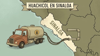 Mapa del estado de Sinaloa, camión cisterna con mangueras conectadas a un oleoducto. Letrero: Huachicol en Sinaloa.