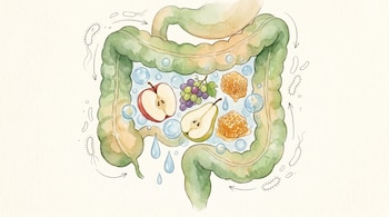 Ilustración acuarelada de un intestino humano estilizado en verde, que contiene medias manzanas, peras, uvas, trozos de miel, burbujas y gotas de agua azul.
