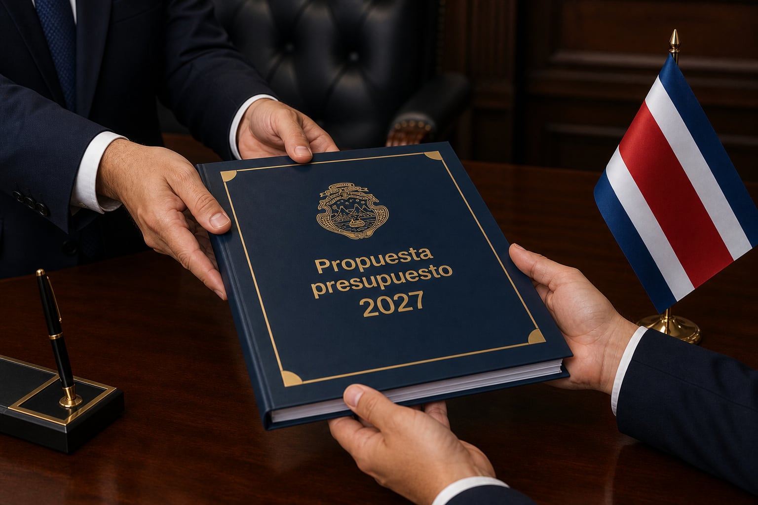Un funcionario realiza la entrega del documento oficial con la propuesta de presupuesto del año 2027 en Costa Rica. (Imagen Ilustrativa Infobae)
