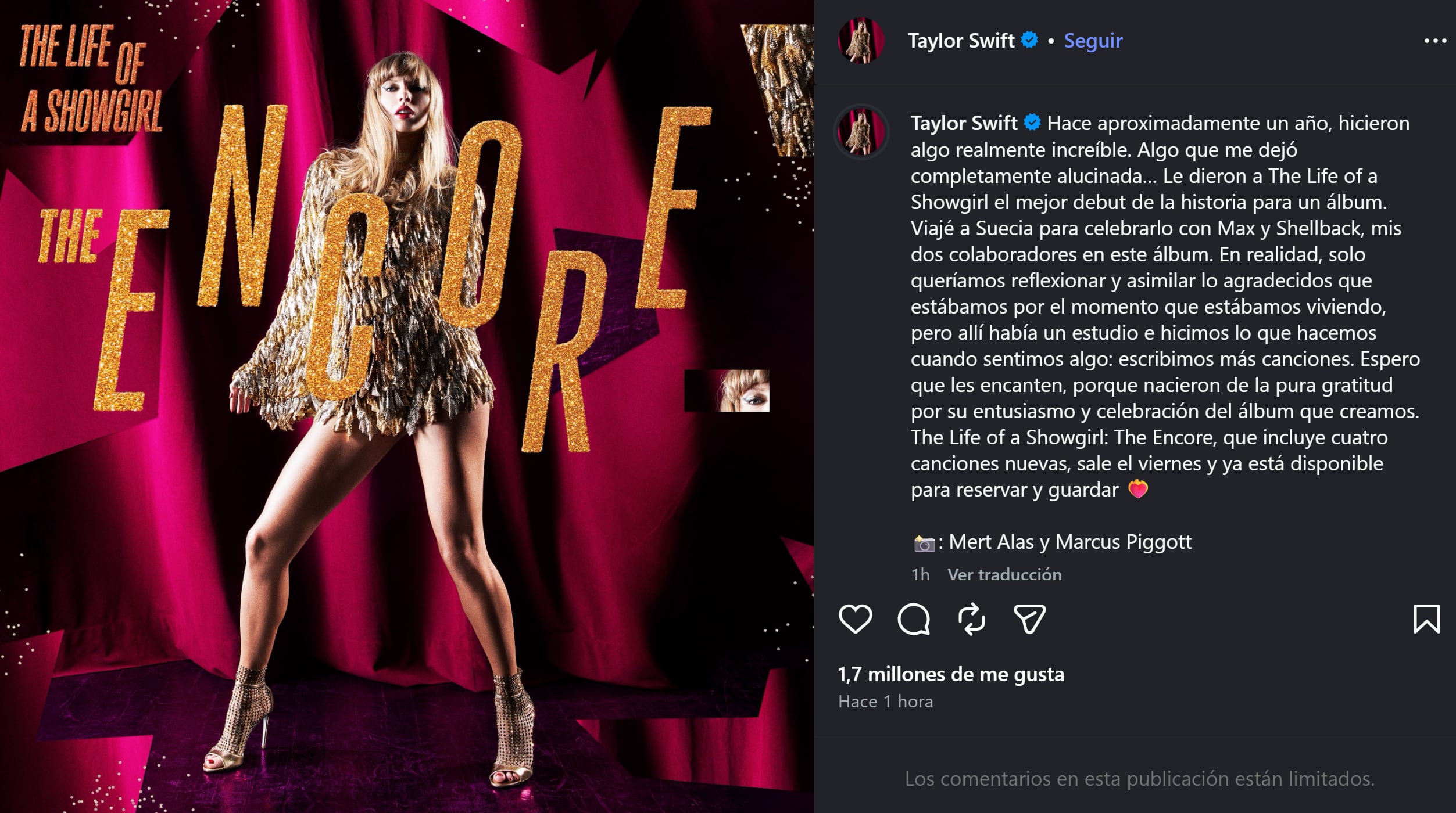 Taylor Swift mandó un mensaje de agradecimiento a sus fans por el enorme desempero de 'The Life of a Show Girl'
(Instagram: @/taylorswift)