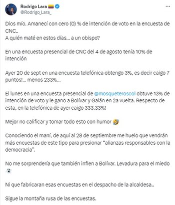 Rodrigo Lara reaccionó al sondeo de intención de voto del CNC: “Ni que fabricaran esas encuestas en el despacho de la alcaldesa”-Colombia