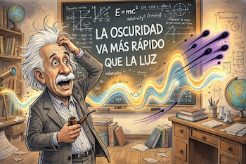 Ilustración de Albert Einstein asombrado, con pipa, frente a una pizarra con fórmulas y el texto "LA OSCURIDAD VA MÁS RÁPIDO QUE LA LUZ". Ondas de luz y figuras oscuras.