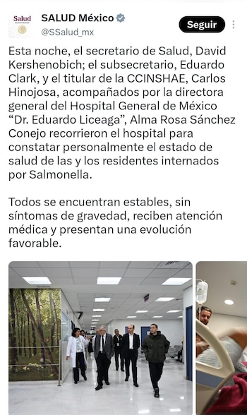 Captura de pantalla de un mensaje en redes sociales con texto informativo y fotografías de autoridades en un pasillo de hospital