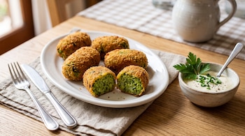 Plato blanco con seis croquetas de brócoli, una dividida al medio, cubiertos y un cuenco con salsa sobre una mesa de madera.