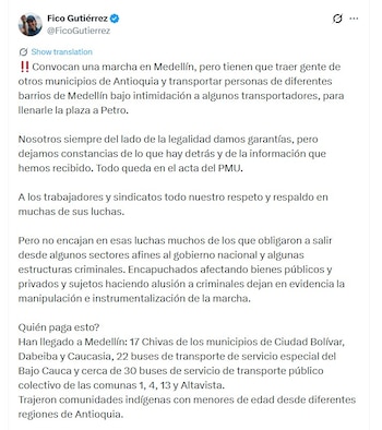 El alcalde explicó que todas las situaciones reportadas están siendo registradas en el Puesto de Mando Unificado (PMU) como parte del seguimiento a la jornada - crédito @FicoGutierrez/X