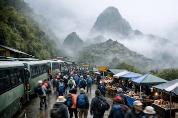Autobuses verdes estacionados, una multitud de turistas caminando, puestos de mercado y la ciudadela de Machu Picchu entre montañas cubiertas de niebla.