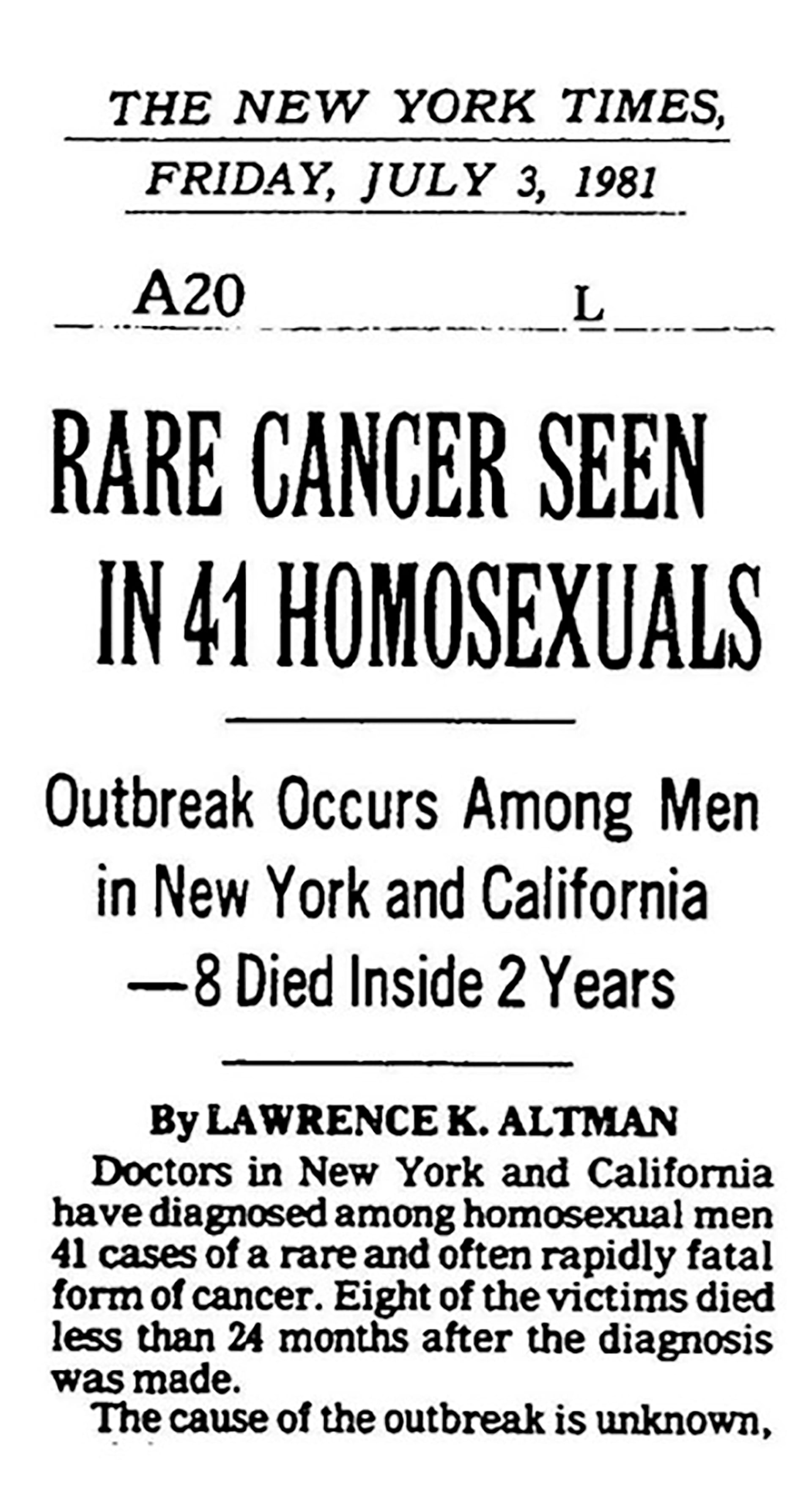 Noticias en el diario New York Times sobre un raro cáncer que se presentaba en homosexuales. Julio de 1981 cuando recién se había comenzado a hablar de la enfermedad