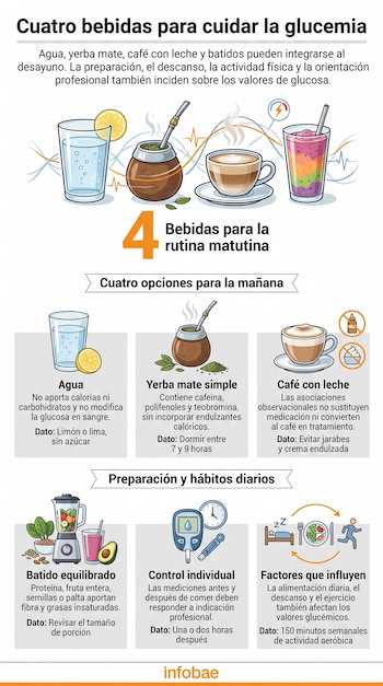 Ilustraciones de vasos con agua, yerba mate, café con leche y batido, acompañadas de íconos sobre salud y textos explicativos.