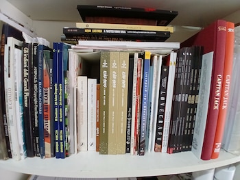 Estantería de madera blanca llena de libros y cómics apilados vertical y horizontalmente. Se ven lomos de diversas publicaciones, algunos con el nombre de Enrique Breccia