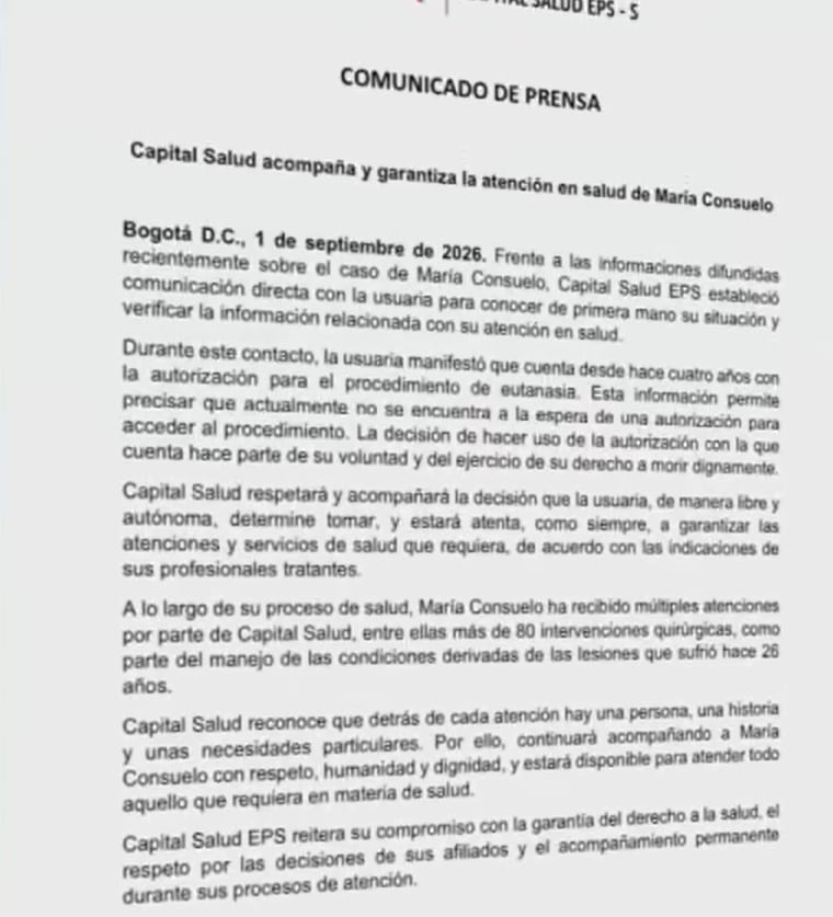 Capital Salud confirmó que aprobó la eutanasia de María Consuelo Córdoba - crédito Captura de pantalla CityTV