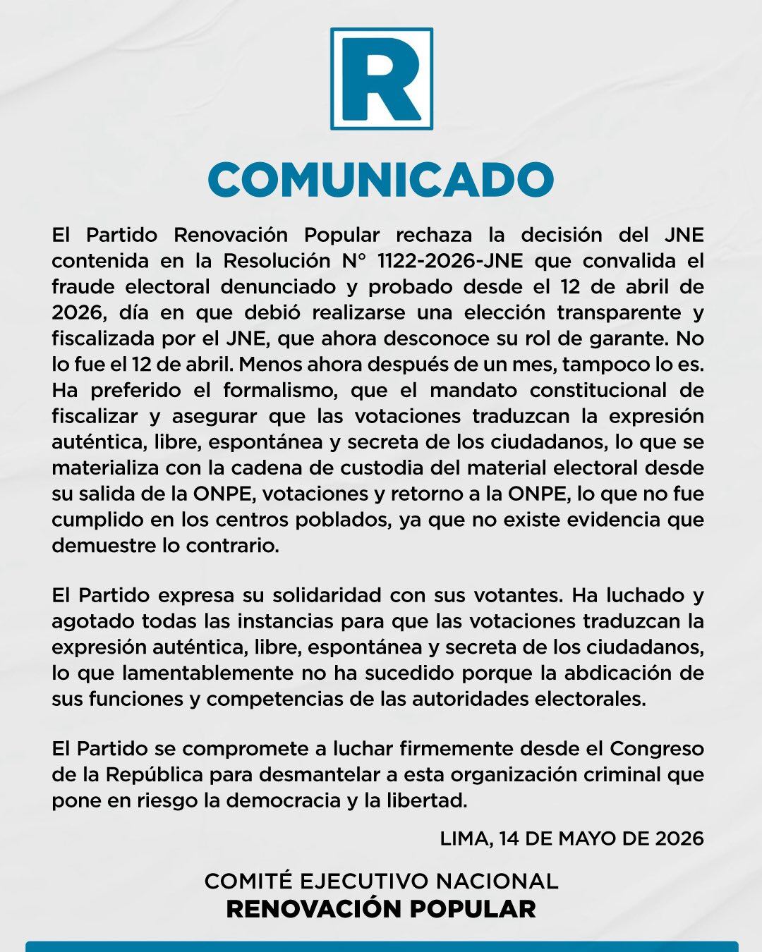 El partido Renovación Popular anunció su intención de ejercer una oposición firme en el Congreso para defender la voluntad de sus electores tras quedar fuera del balotaje.