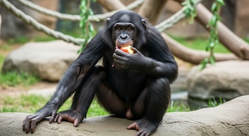 Bonobo de pelaje oscuro sentado en una roca. Sostiene y come una manzana roja. El fondo verde incluye rocas y cuerdas, mostrando un recinto de zoológico.