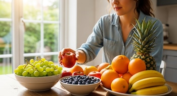 Mujer en blusa azul claro agarra una manzana roja de una mesa de madera con cuencos de uvas verdes, arándanos, y un plato con naranjas, piña y plátanos.
