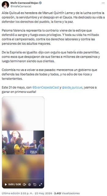 Mafe Carrascal marcó diferencias políticas y llamó a votar por el Pacto Histórico - crédito @MafeCarrascal/X