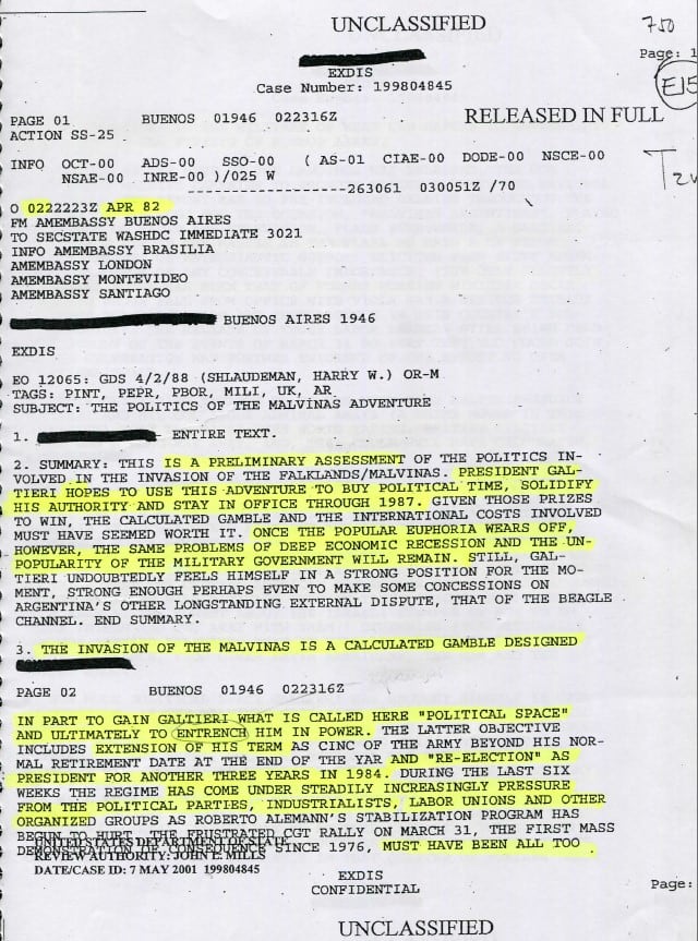 El día de la invasión a Malvinas, el embajador estadounidense Harry Schlaudeman comunicó a Haig que era una estrategia de Galtieri para quedarse en el poder hasta 1987