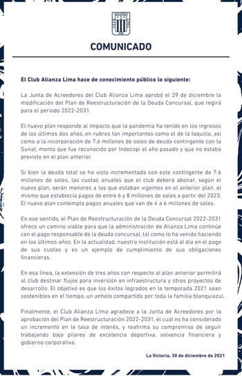 Comunicado oficial de Alianza Lima