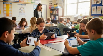 Una vista de un aula con varios niños sentados en sus pupitres, concentrados en tabletas o teléfonos celulares que sostienen. Una maestra observa desde el fondo.
