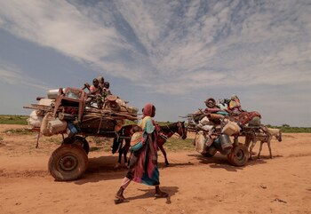 Una mujer sudanesa, que huyó del conflicto en Murnei, en la región sudanesa de Darfur, camina junto a carros que transportan las pertenencias de su familia al cruzar la frontera entre Sudán y Chad en Adre, Chad, el 2 de agosto de 2023. REUTERS/Zohra Bensemra/Foto de archivo