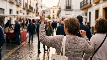 Plano posterior de una mujer que sostiene un boleto de la ONCE en alto con la mano derecha en una calle peatonal.