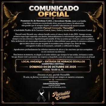 Un comunicado gráfico sobre fondo negro con letras doradas, detalles de notas musicales y un lazo negro con una paloma blanca