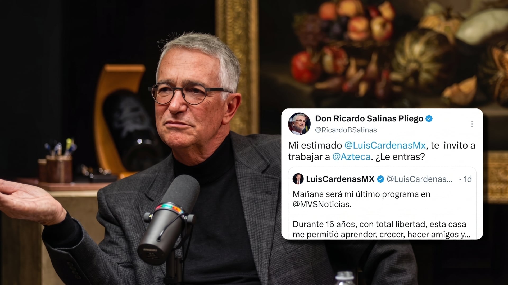 Ricardo Salinas Pliego aparece junto a una publicación en X donde invita al periodista Luis Cárdenas a unirse a Grupo Salinas tras su salida de MVS Noticias. (YouTube / X)