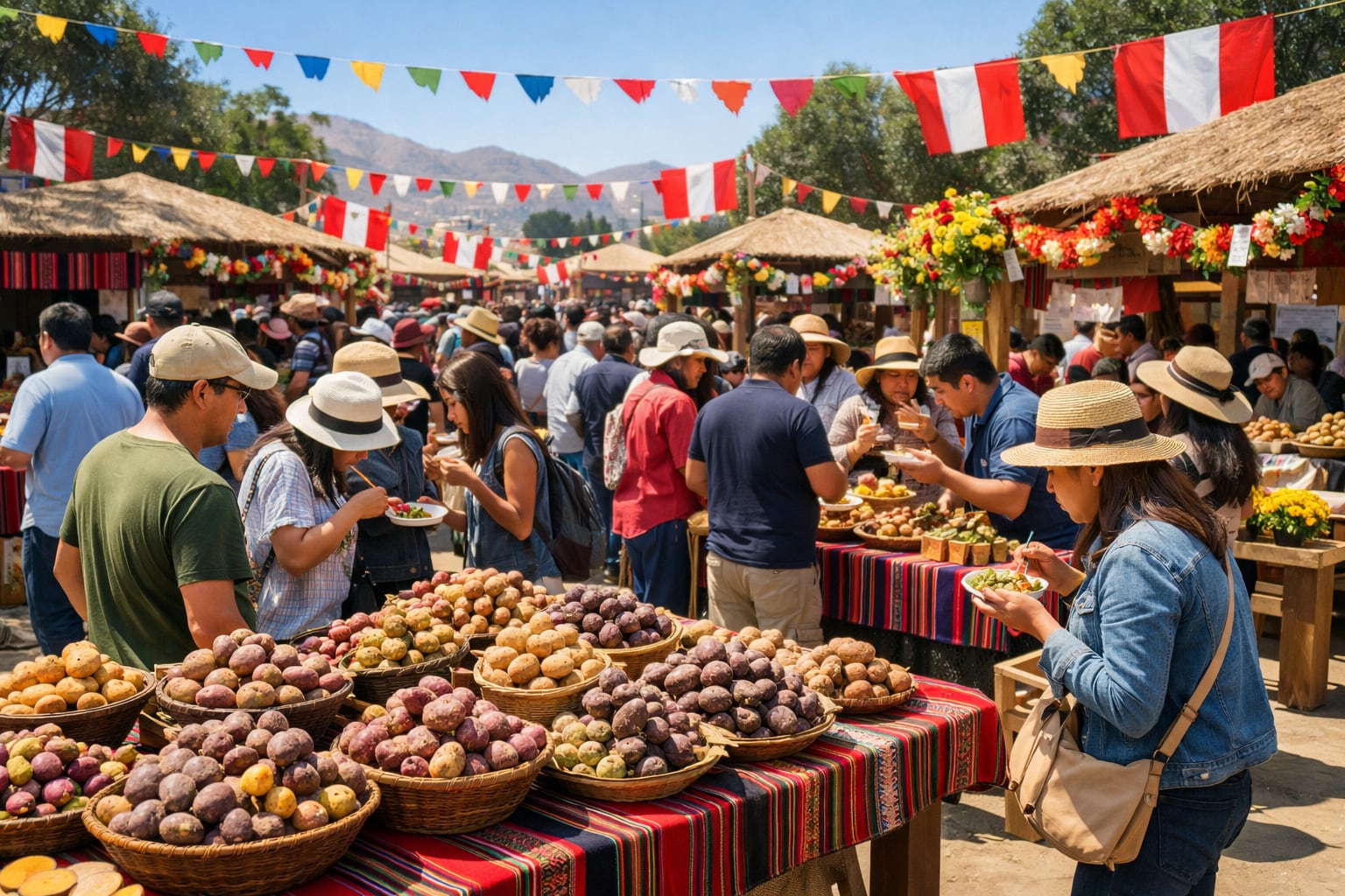 Cientos de personas exploran los variados stands repletos de papas de múltiples colores y formas, mientras degustan la gastronomía local bajo guirnaldas festivas en la Feria de la Papa en Lima. (Imagen Ilustrativa Infobae)