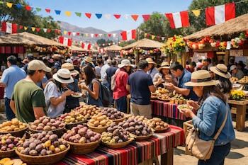 Feria gastronómica al aire libre con multitudes, stands decorados y mesas repletas de papas nativas de diversos colores y formas, bajo guirnaldas de banderas peruanas.