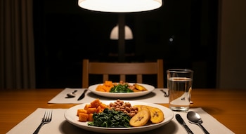 Una mesa de comedor de madera con dos platos, cada uno con batatas, espinaca, frijoles y plátano. También hay un vaso de agua y cubiertos.