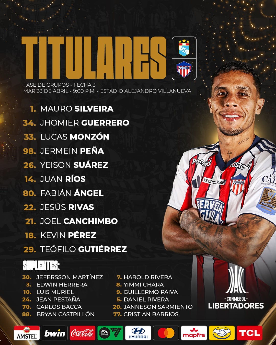 Alineación del Junior para la visita a Sporting Cristal en Lima, por la Copa Libertadores - crédito Junior FC