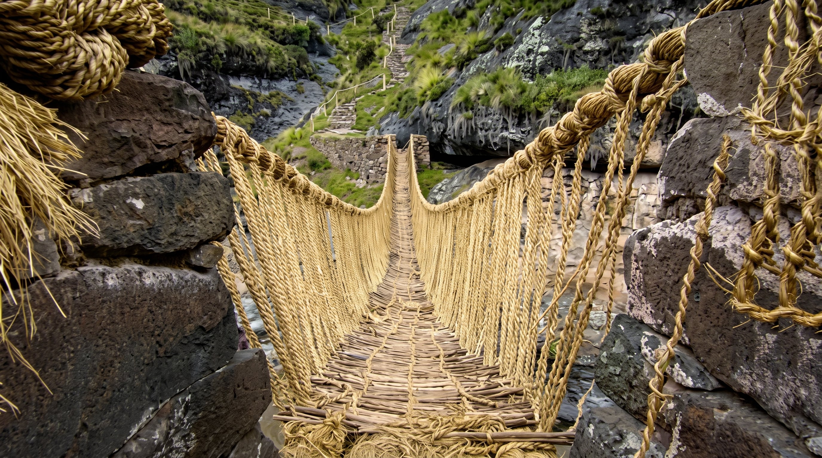 La estructura del puente Q’eswachaka se construye con fibras vegetales como ichu y q’oya mediante técnicas ancestrales transmitidas entre generaciones. (Crédito: Agencia Andina) (Imagen Ilustrativa Infobae)