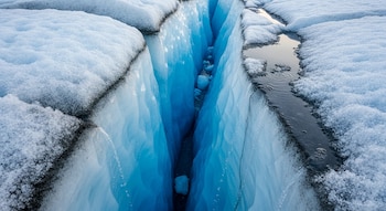 Primer plano de profundas grietas en un glaciar. Agua de deshielo azul intensa se acumula en el fondo, con hielo agrietado y texturas cristalinas.
