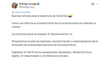 El ministro del Interior, Rodrigo Lara, presentó los ajustes que prepara el Gobierno para agilizar los trámites de consulta previa - crédito @Rodrigo_Lara_/X