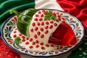 Gelatina tricolor con crema, semillas de granada y perejil sobre un plato decorado junto a una bandera de México.