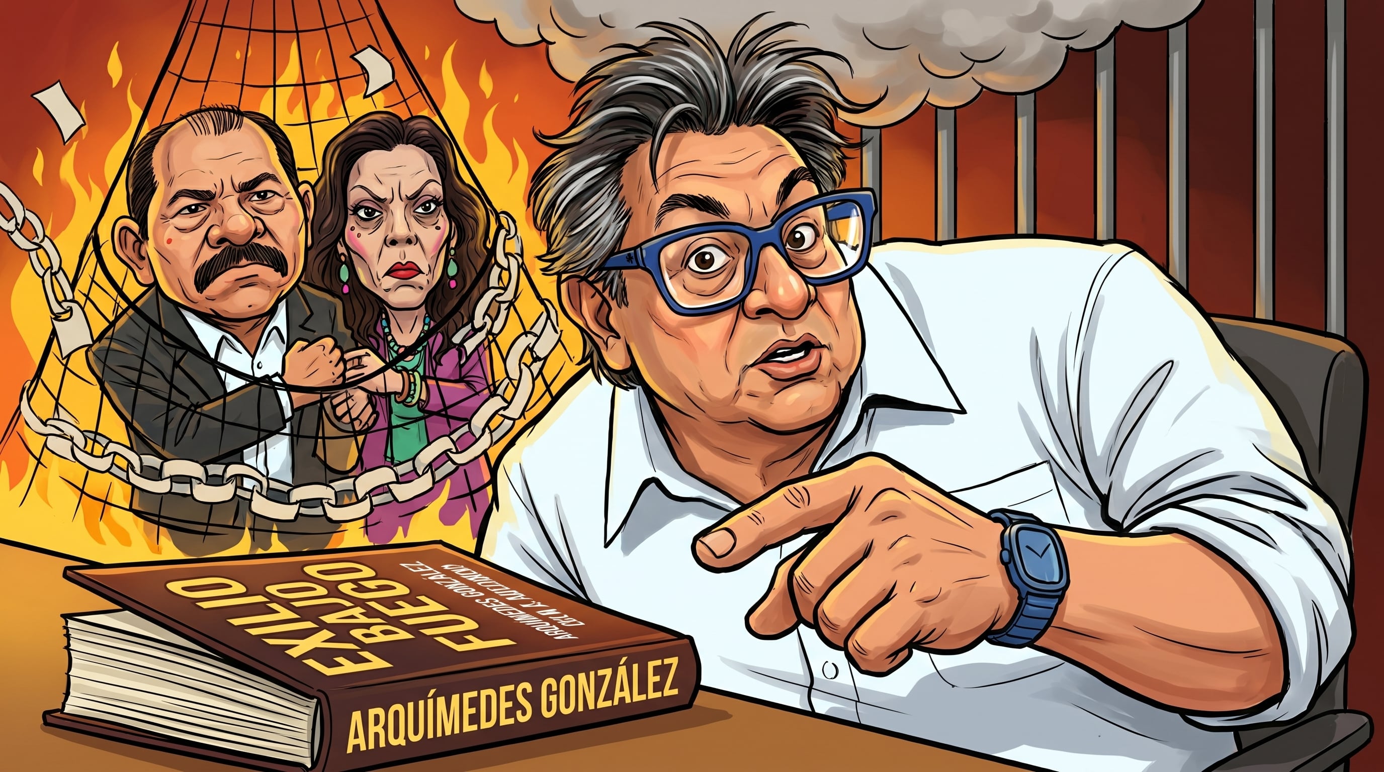 El escritor Arquímedes González en caricatura señalando su obra 'Exilio bajo fuego', mientras Daniel Ortega y Rosario Murillo son representados tras las llamas y cadenas de la represión. (Imagen Ilustrativa Infobae)